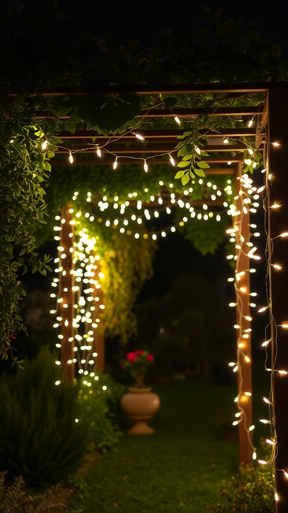 A beautifully lit arbor at night with string lights and lush greenery.