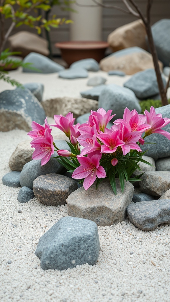 A serene Zen garden featuring pink azaleas surrounded by smooth stones and sand.
