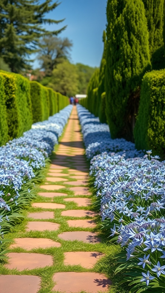 A beautiful garden pathway lined with agapanthus flowers and green hedges.