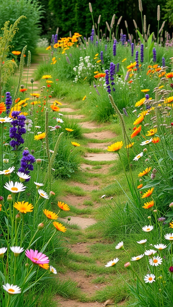 A winding path through a colorful wildflower meadow with various flowers blooming along the sides.