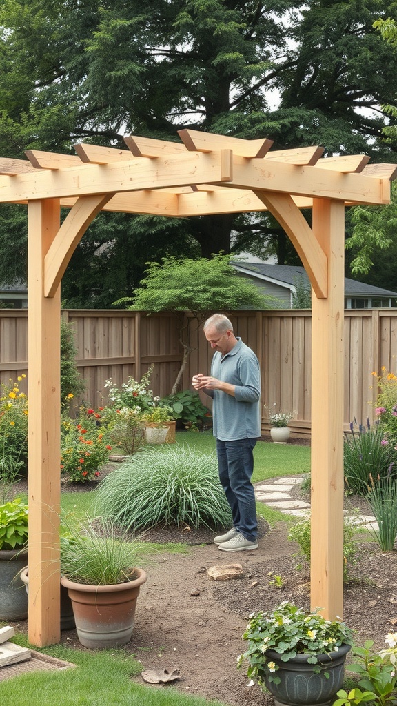 A wooden arbor in a garden with a person standing nearby, surrounded by plants and flowers.