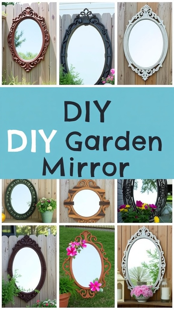 A collage of various DIY garden mirrors with different frames and styles.