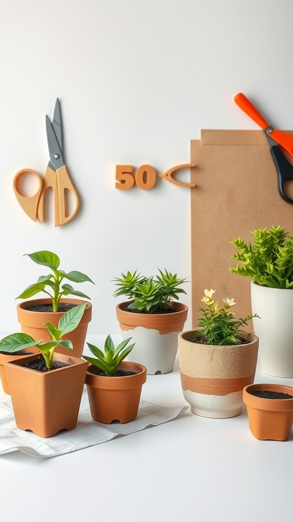 A collection of DIY plant pots with tools for crafting, showcasing a creative setup.