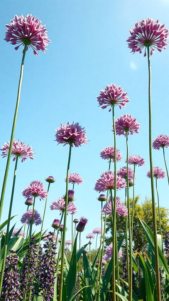 Tall pink alliums in a garden against a blue sky
