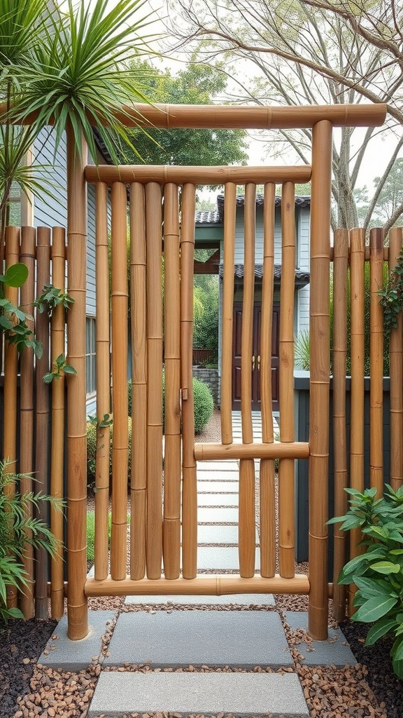 A bamboo garden gate surrounded by greenery and stone pathway.