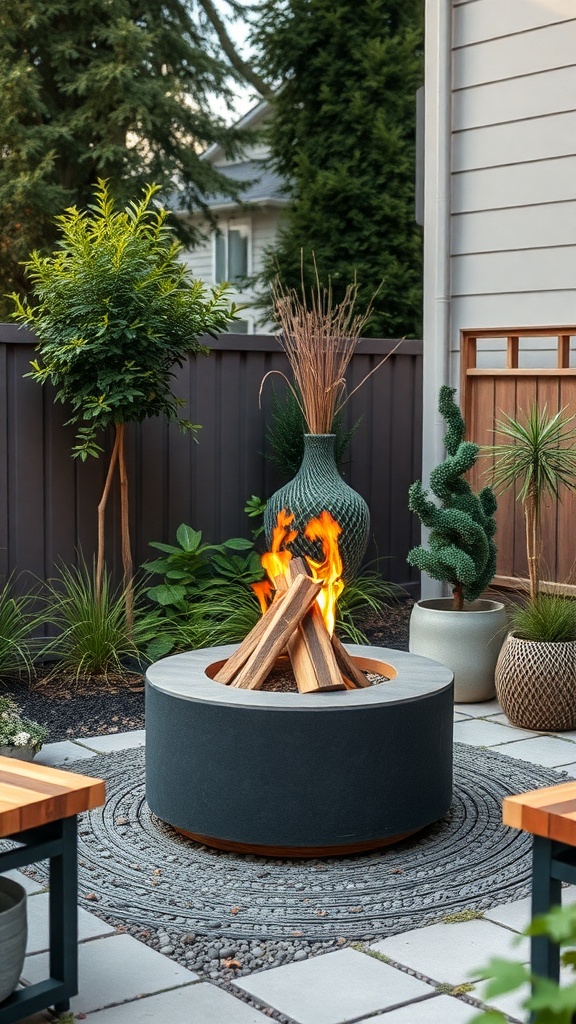 A modern bioethanol fire pit with flames, surrounded by greenery and seating in a small backyard.