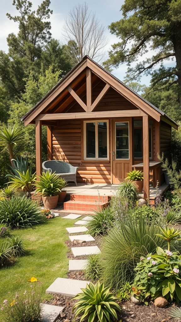 A sustainable summer house surrounded by a lush garden with a stone pathway and various plants.