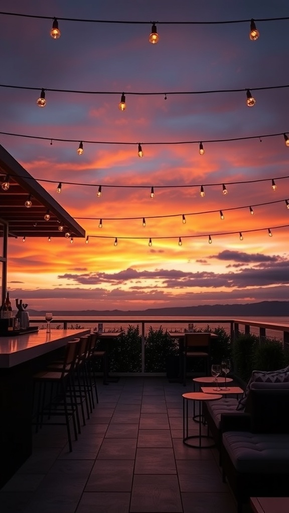 A patio bar with string lights and a sunset view, creating a cozy atmosphere.