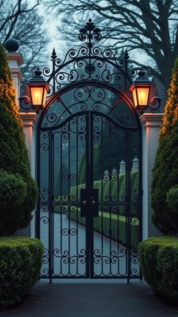 An elegant iron gate with lanterns, surrounded by neatly trimmed hedges, leading into a garden path.
