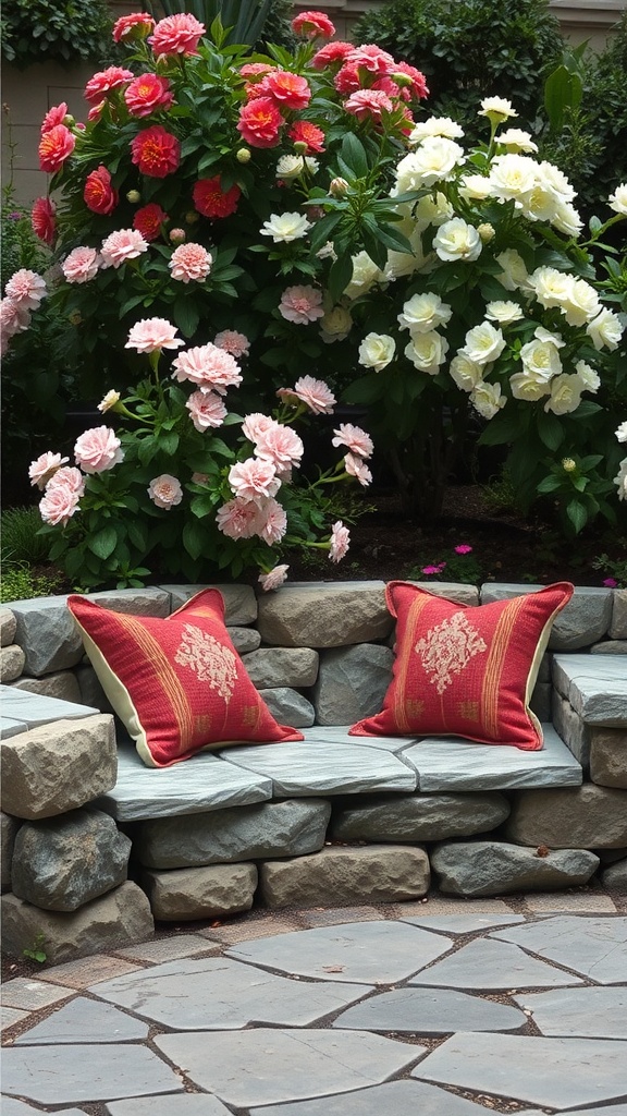 A cozy stone seating area in a garden, adorned with colorful pillows and surrounded by blooming flowers.