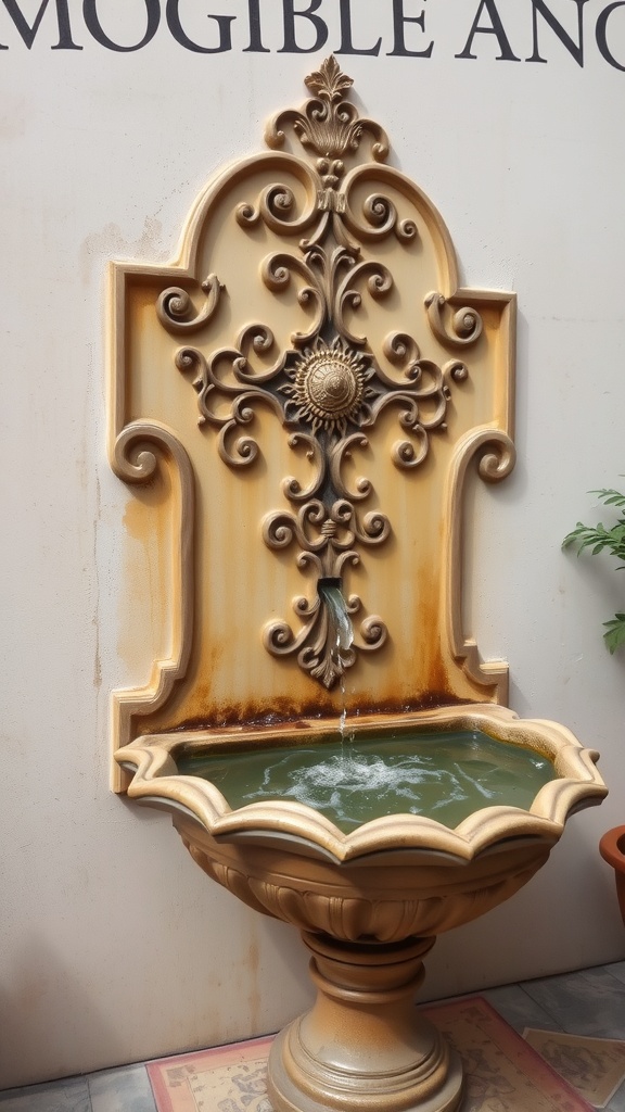 An elegant wall fountain with intricate designs and flowing water.
