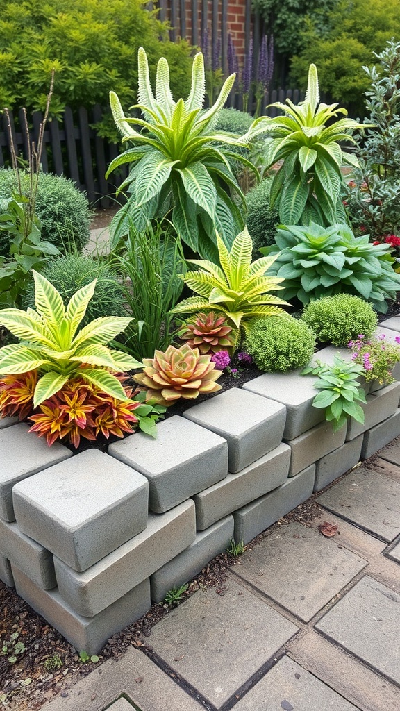 A garden bed bordered by raised concrete sleepers, featuring a variety of lush plants.