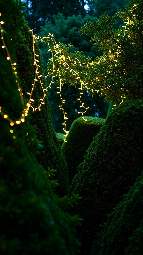 Fairy lights wrapped around shrubs in a garden at dusk
