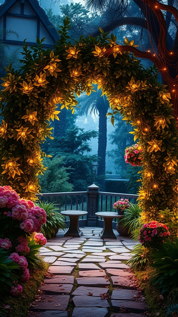 A beautifully lit garden arch adorned with flowers, leading to a serene seating area.