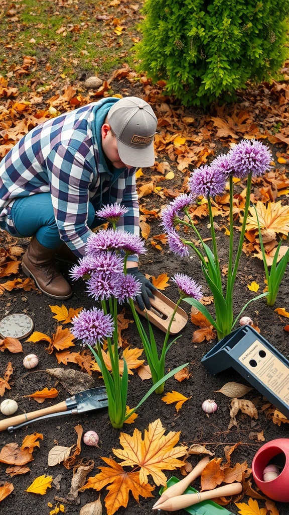 A person planting alliums in a garden surrounded by autumn leaves.