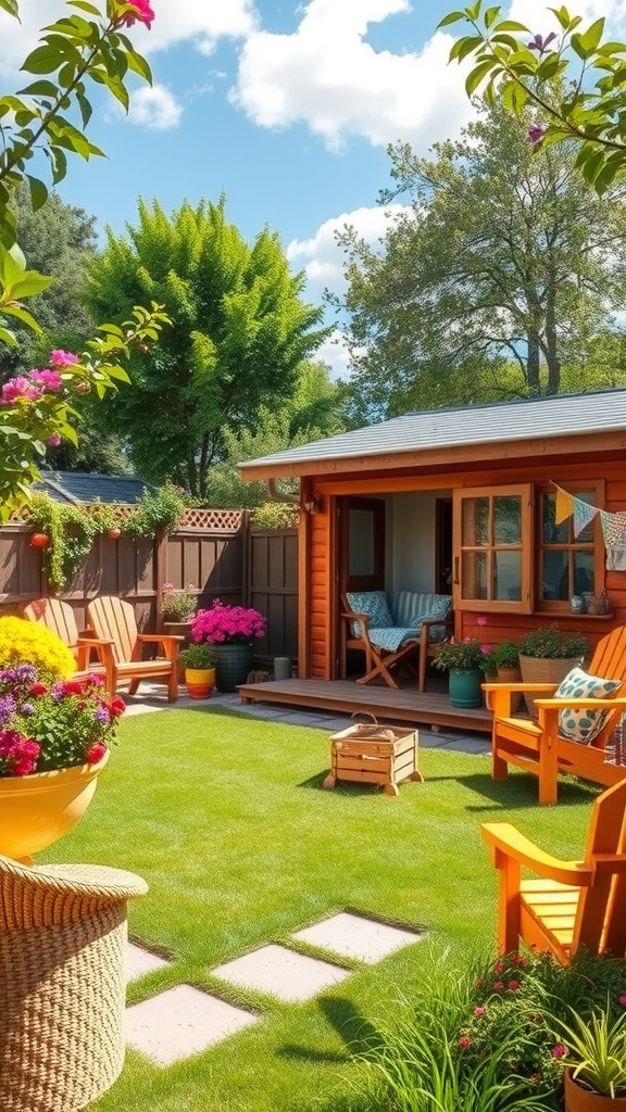A family-friendly garden featuring a summer house, bright orange chairs, and colorful flowers.