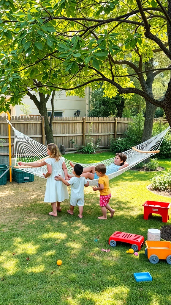 Children playing around a hammock in a backyard