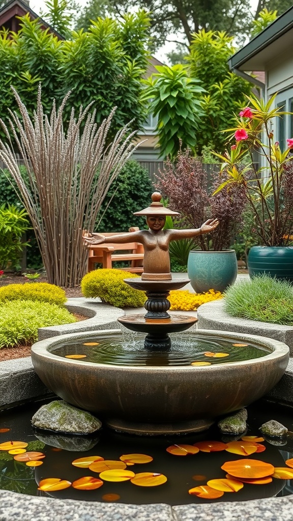 A serene garden featuring a fountain surrounded by lush greenery and colorful flowers.