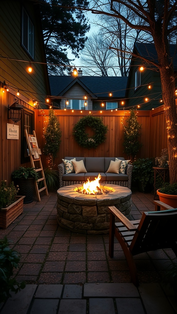 Cozy fire pit area with seating and string lights in a garden nook