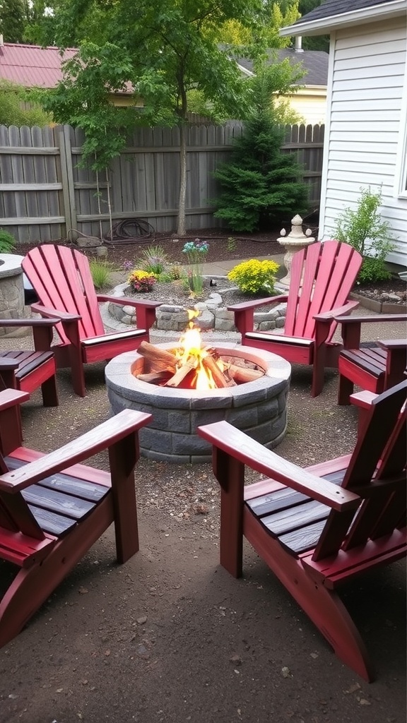 Fire pit surrounded by red Adirondack chairs in a backyard setting
