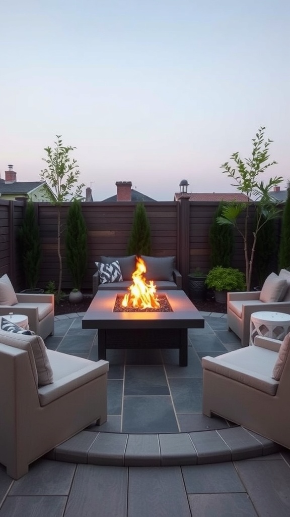 A cozy backyard fire pit table surrounded by comfortable seating.