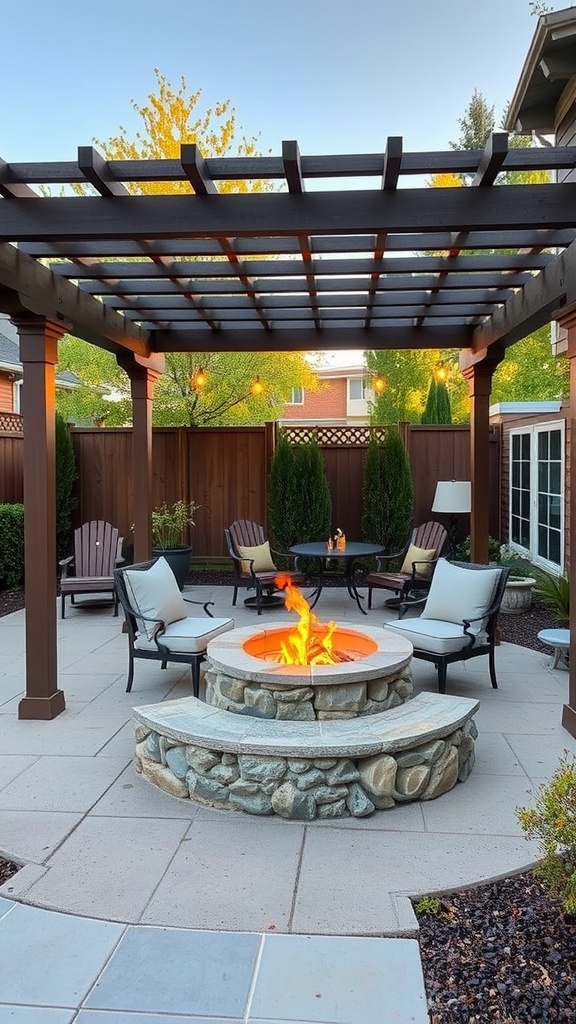 A cozy backyard fire pit surrounded by a pergola and seating.
