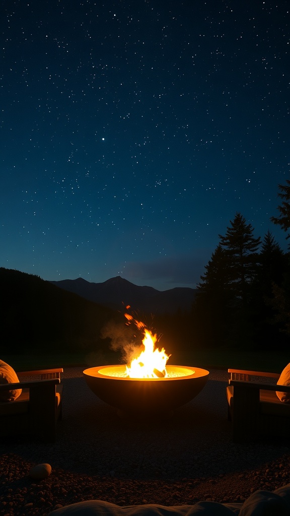 A fire pit surrounded by chairs under a starry night sky.