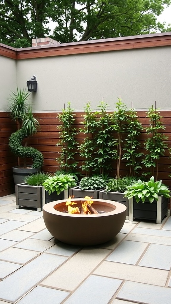 A modern fire pit surrounded by planters with various plants in a cozy backyard setting.