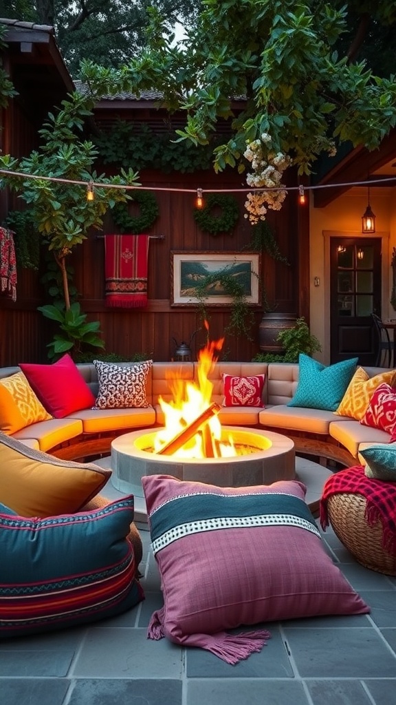 A cozy backyard fire pit surrounded by colorful cushions and throws, creating an inviting atmosphere.