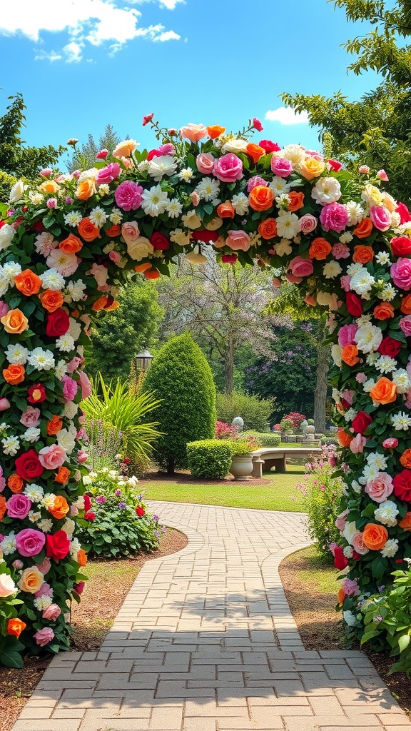 A beautiful garden entrance featuring a flower-embedded archway with colorful blooms.