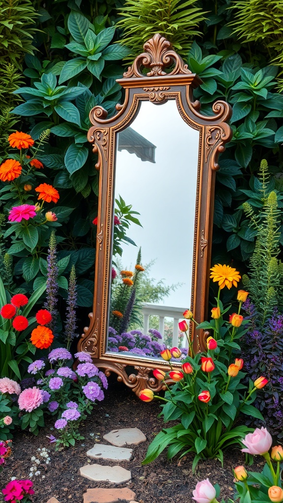 A tall, ornate mirror surrounded by colorful flowers in a lush garden.