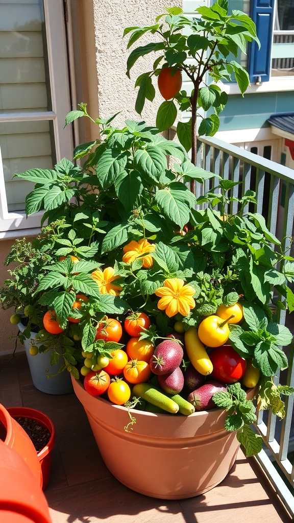 A vibrant container garden filled with various fruits and vegetables, including tomatoes, peppers, and squash, along with green leaves and flowers.