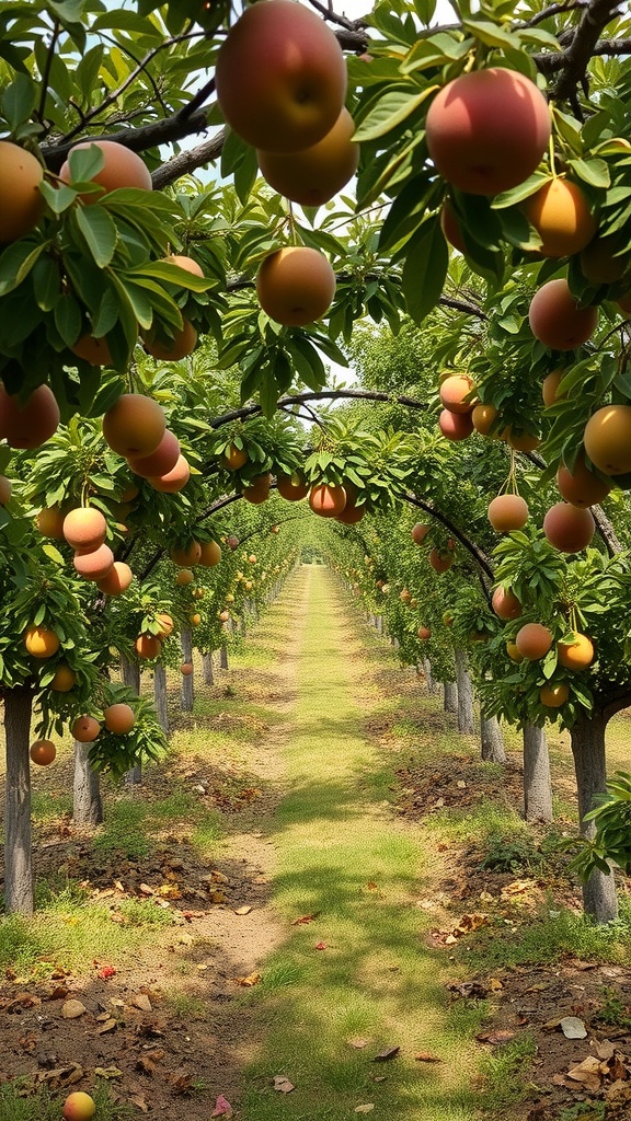 Pathway lined with fruit trees forming arches overhead, showcasing ripe fruit