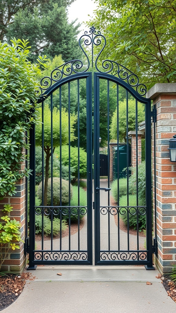 A decorative wrought iron garden gate with an arch design, surrounded by greenery and brick pillars.