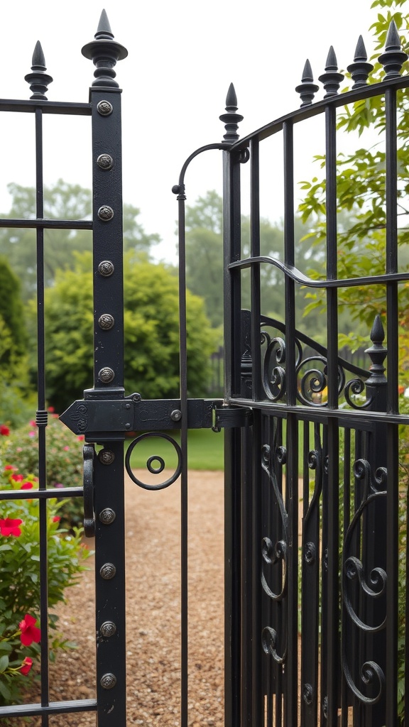 A black iron garden gate with decorative hardware, featuring spikes and intricate designs.