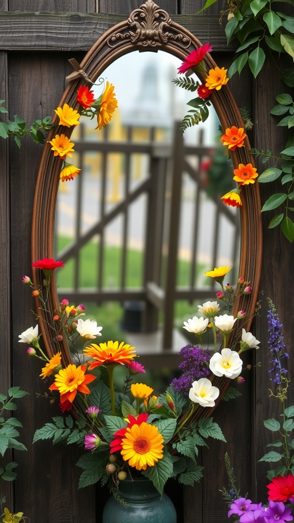 A decorative garden mirror surrounded by colorful flowers, set against a wooden fence.