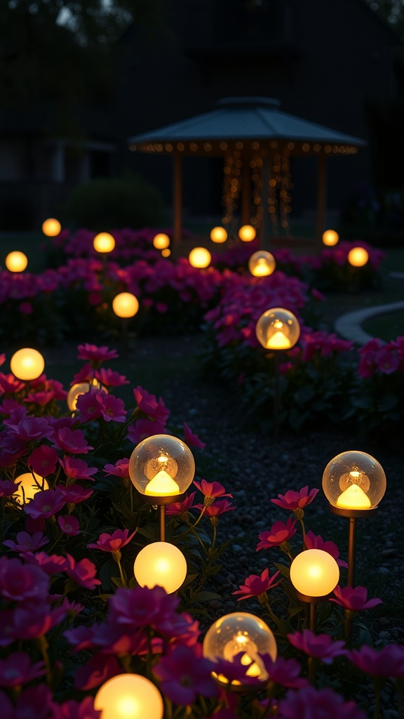 A garden at night with glowing orbs and pink flowers, featuring a gazebo in the background.