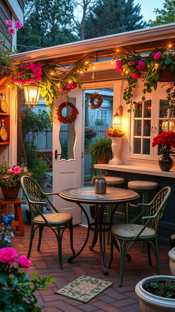 A cozy patio bar setup with a round table, chairs, and floral decorations, illuminated by string lights.