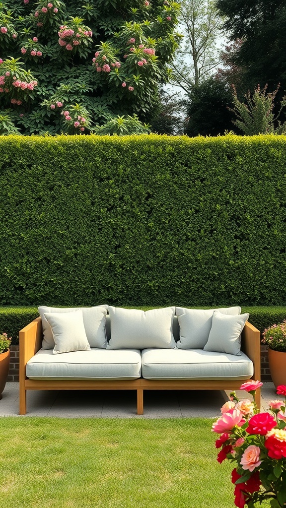 A stylish garden sofa with light cushions, set against a green hedge and blooming flowers.