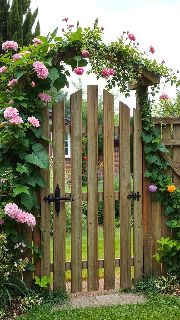 Wooden garden gate with trellis features adorned with pink flowers and greenery