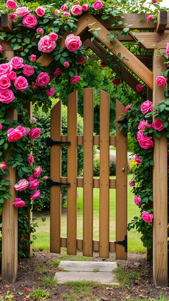 A wooden garden gate framed by pink roses and greenery