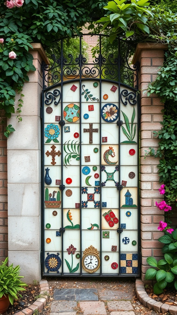 A garden gate featuring colorful artistic mosaics with various designs and patterns.