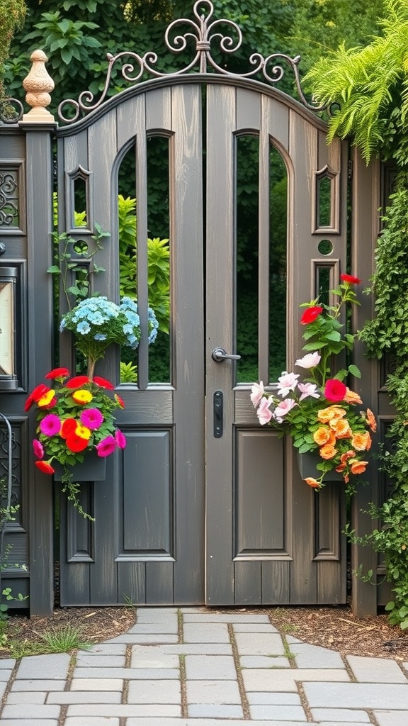 A garden gate with built-in planters filled with colorful flowers.