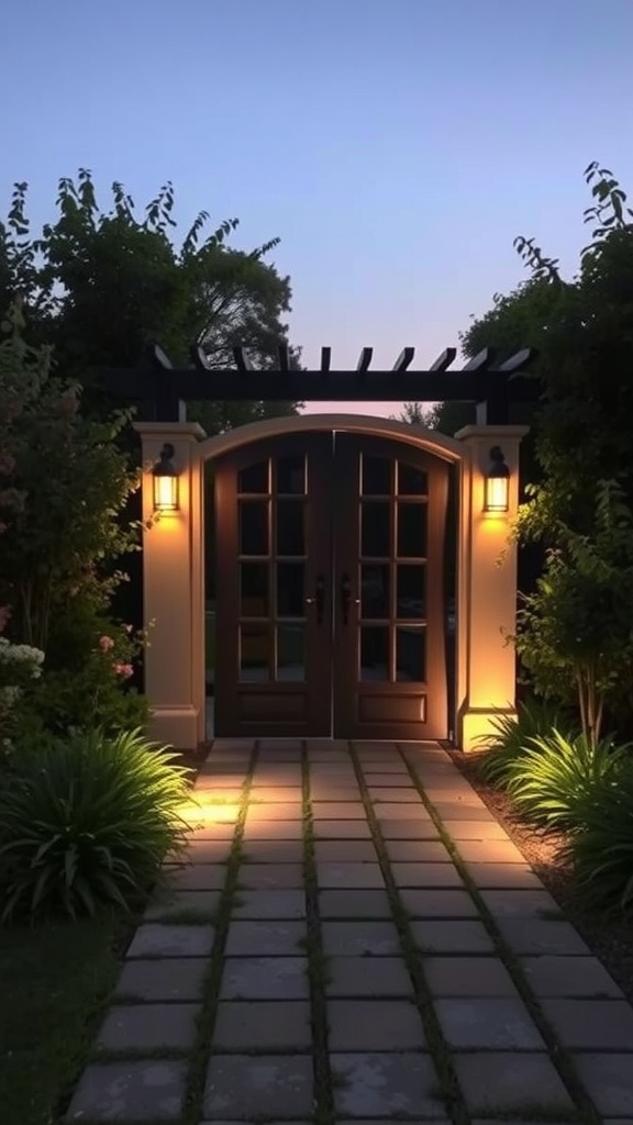 A garden gate with integrated lighting, framed by greenery and a stone pathway.