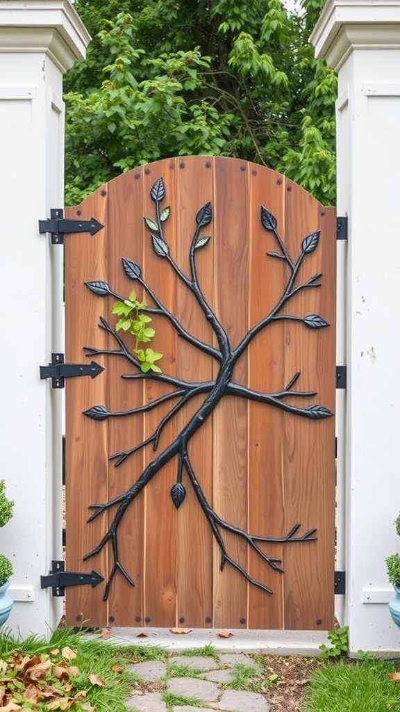 A wooden garden gate with a nature-inspired design featuring a branch and leaves in black metal.