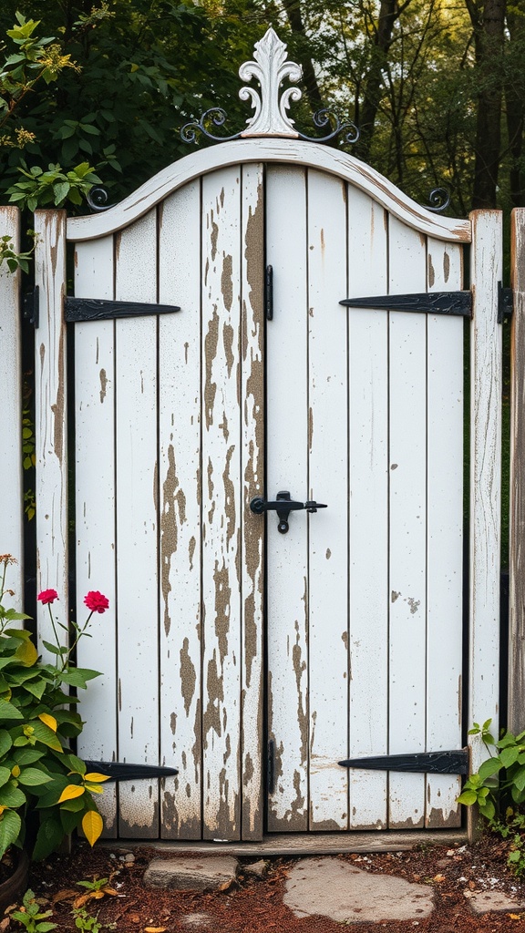 A vintage-style garden gate with an arched top, peeling white paint, and black hardware, surrounded by flowers and greenery.