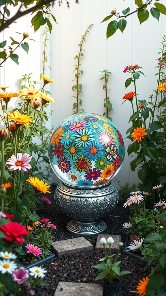 A colorful gazing ball surrounded by vibrant flowers in a garden nook.