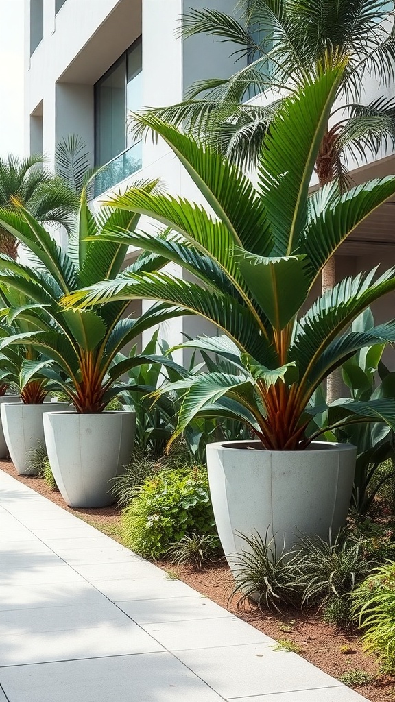 Giant concrete planters with tropical plants lining a pathway.
