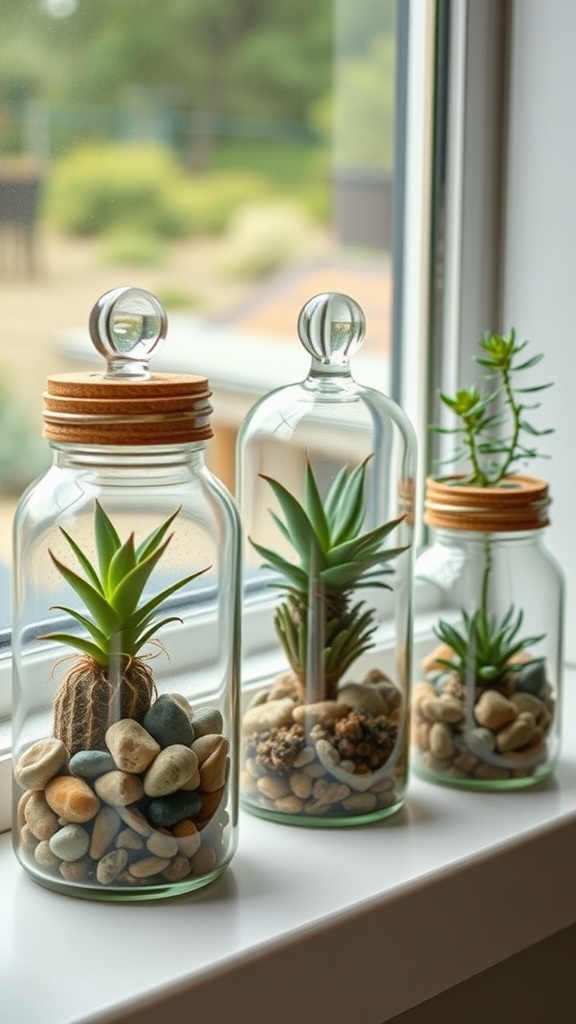 Three glass jar terrariums with plants and pebbles on a windowsill