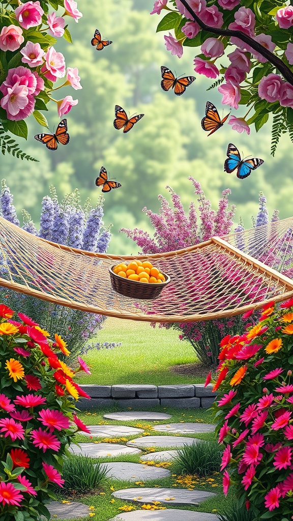 A hammock surrounded by colorful flower beds and butterflies, creating a serene garden scene.